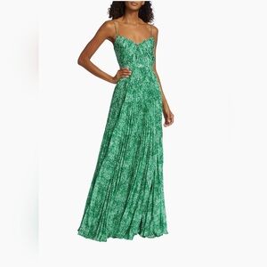 Monique Lhuillier Green Printed Spaghetti-Strap Maxi Dress